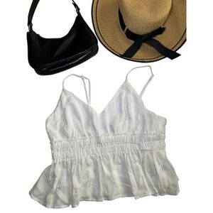 White Rayon Gauze Shirred Peplum Tank Top Large Adjustable Straps‎